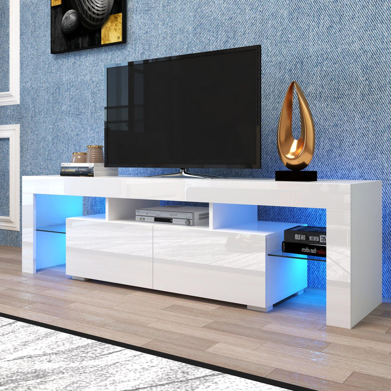 Modern White TV Stand, 20 Colors LED TV Stand w/Remote Control Lights - Supfirm