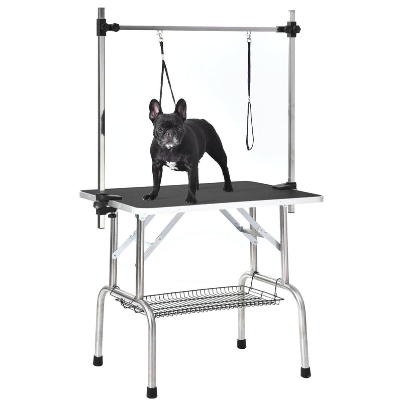 NEW HIGH QUALITY FOLDING PET GROOMING TABLE STAINLESS LEGS AND ARMS BLACK RUBBER TOP STORAGE BASKET - Supfirm