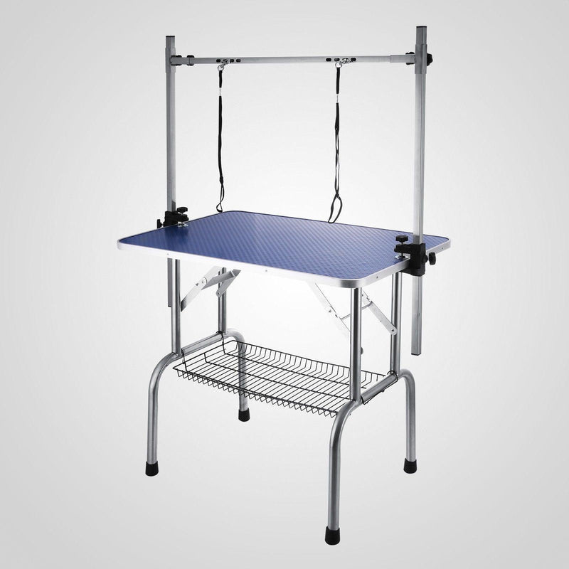 NEW HIGH QUALITY FOLDING PET GROOMING TABLE STAINLESS LEGS AND ARMS BLUE RUBBER TOP STORAGE BASKET - Supfirm