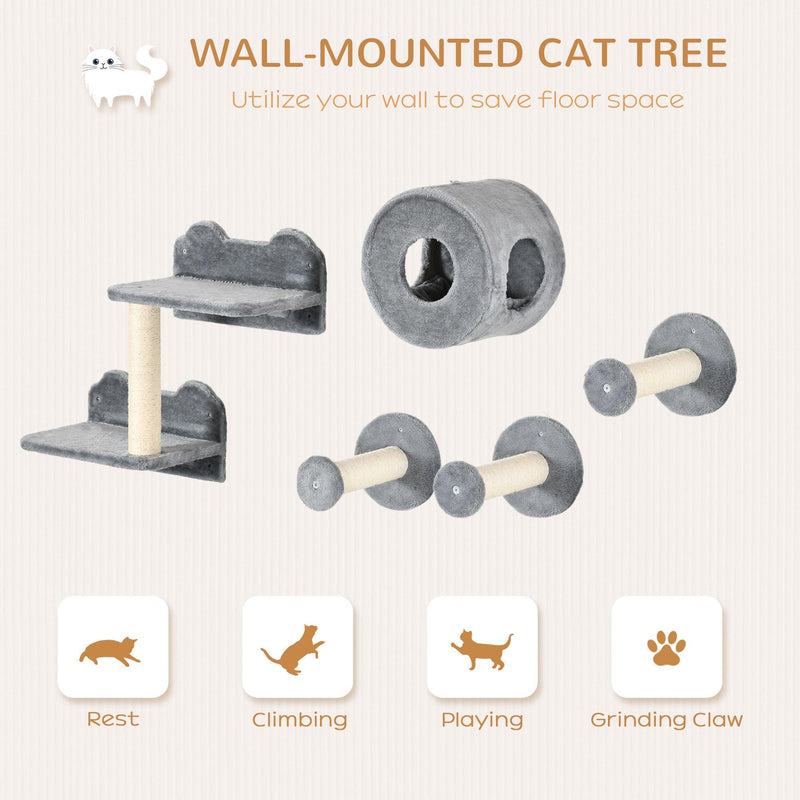 PawHut 5PCs Cat Wall Shelves, Pet Wall-mounted Climbing Shelf Set Cat Tree, Kitten Activity Center with Condo, Cushion, Scratching Post, Jumping Platform, Brown - Supfirm