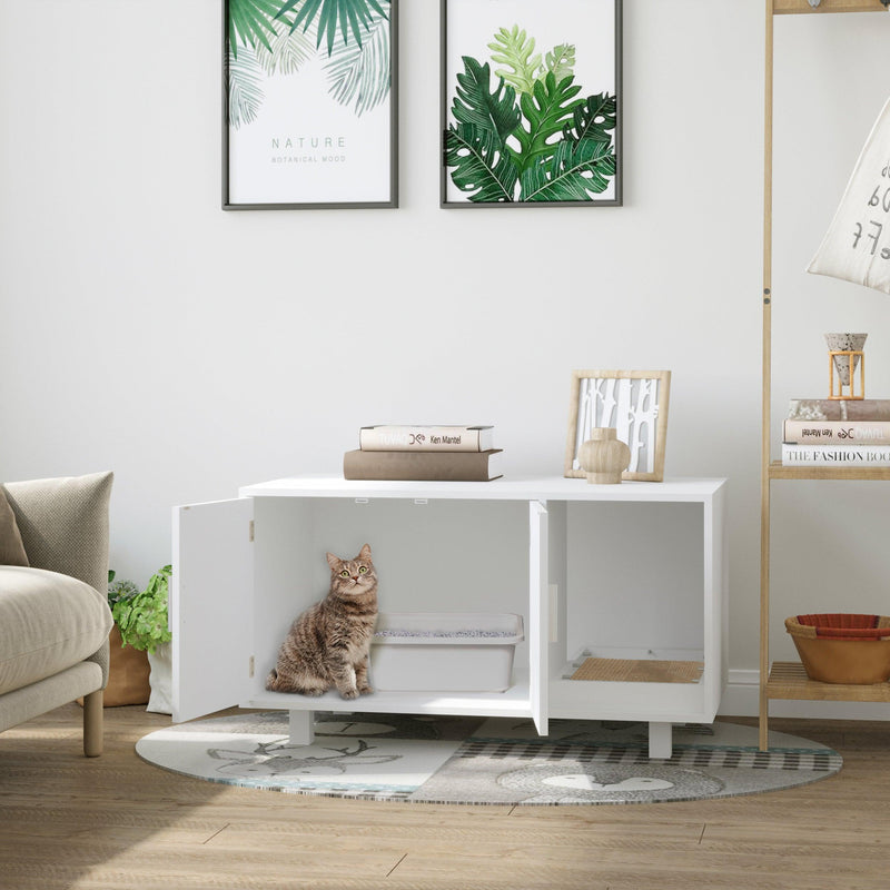 PawHut Wooden Cat Litter Box Enclosure & House, Kitty Hidden Washroom, with End Table Design, Scratcher, & Magnetic Doors, White - Supfirm
