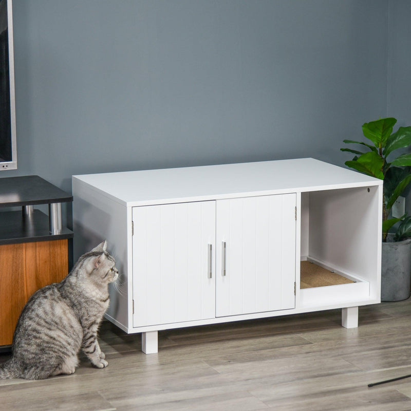 PawHut Wooden Cat Litter Box Enclosure & House, Kitty Hidden Washroom, with End Table Design, Scratcher, & Magnetic Doors, White - Supfirm