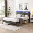 Queen Bed Frame with Headboard, Charging Station and LED Lights, Upholstered Platform Bed with Heavy Metal Slats, No Box Spring Needed, Noise Free, Easy Assembly, Dark Gray, Common - Supfirm