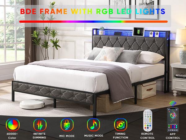 Queen Bed Frame with Headboard, Charging Station and LED Lights, Upholstered Platform Bed with Heavy Metal Slats, No Box Spring Needed, Noise Free, Easy Assembly, Dark Gray, Common - Supfirm