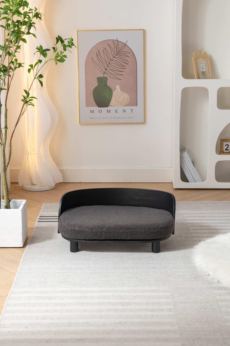 Scandinavian style Elevated Dog Bed Pet Sofa With Solid Wood legs and Bent Wood Back, Cashmesh Cushion, Black wood, Darcy grey cashmesh - Supfirm