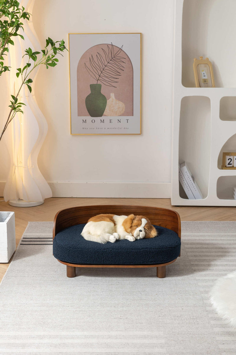 Scandinavian style Elevated Dog Bed Pet Sofa With Solid Wood legs and Bent Wood Back, cashmesh Cushion, Walnut wood,dark blue cashmesh. - Supfirm