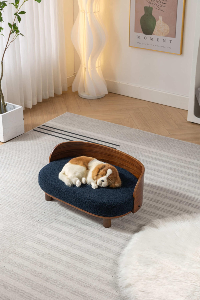 Scandinavian style Elevated Dog Bed Pet Sofa With Solid Wood legs and Bent Wood Back, cashmesh Cushion, Walnut wood,dark blue cashmesh. - Supfirm