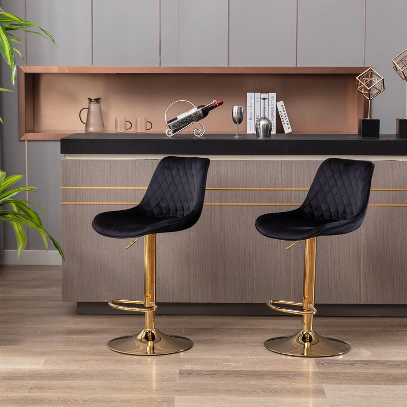 Set of 2 Bar Kitchen Stools Seat,with Chrome Footrest and Base Swivel Height Adjustable Mechanical Lifting Velvet + Golden Leg Simple Bar Stool-black - Supfirm