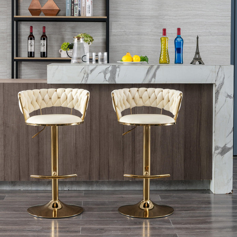 Set of 2 Bar Kitchen Stools Seat,with Chrome Footrest and Base Swivel Height Adjustable Mechanical Lifting Velvet + Golden Leg Simple Bar Stool-Cream - Supfirm