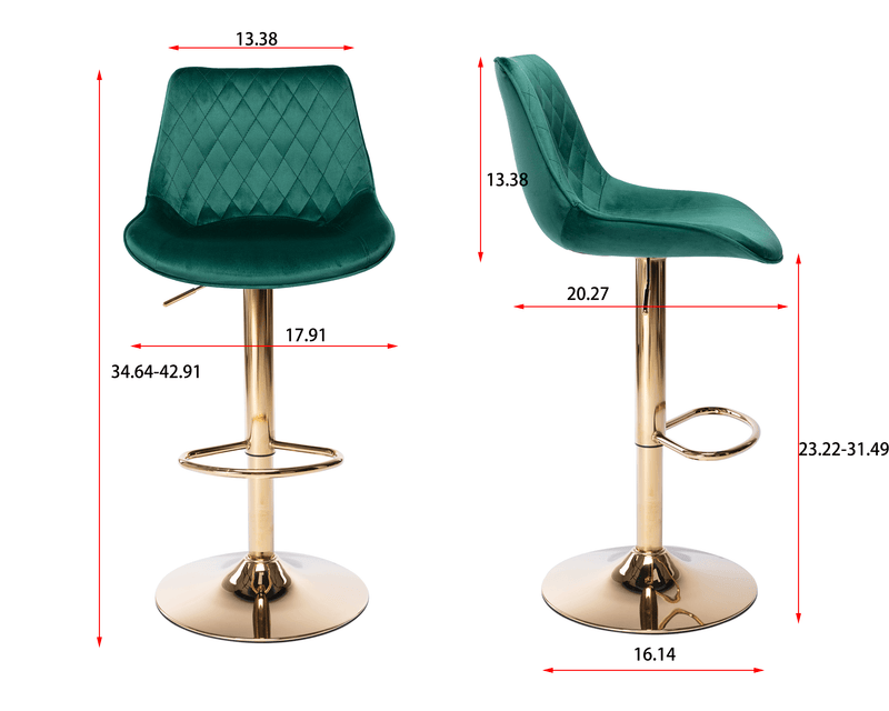 Set of 2 Bar Kitchen Stools Seat,with Chrome Footrest and Base Swivel Height Adjustable Mechanical Lifting Velvet + Golden Leg Simple Bar Stool-green - Supfirm