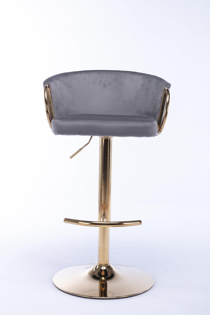 Set of 2 Bar Kitchen Stools Seat,with Chrome Footrest and Base Swivel Height Adjustable Mechanical Lifting Velvet + Golden Leg Simple Bar Stool-Grey - Supfirm