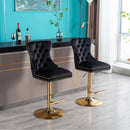 Swivel Bar Stools Seat Chair Set of 2 Modern Adjustable Counter Height Bar Stools, Velvet Upholstered Stool with Tufted High Back & Ring Pull for Kitchen , Chrome Golden Base, Black - Supfirm