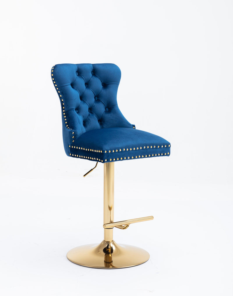 Swivel Bar Stools Seat Chair Set of 2 Modern Adjustable Counter Height Bar Stools, Velvet Upholstered Stool with Tufted High Back & Ring Pull for Kitchen , Chrome Golden Base, Blue - Supfirm
