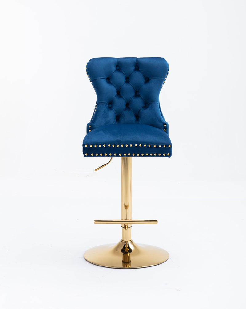 Swivel Bar Stools Seat Chair Set of 2 Modern Adjustable Counter Height Bar Stools, Velvet Upholstered Stool with Tufted High Back & Ring Pull for Kitchen , Chrome Golden Base, Blue - Supfirm
