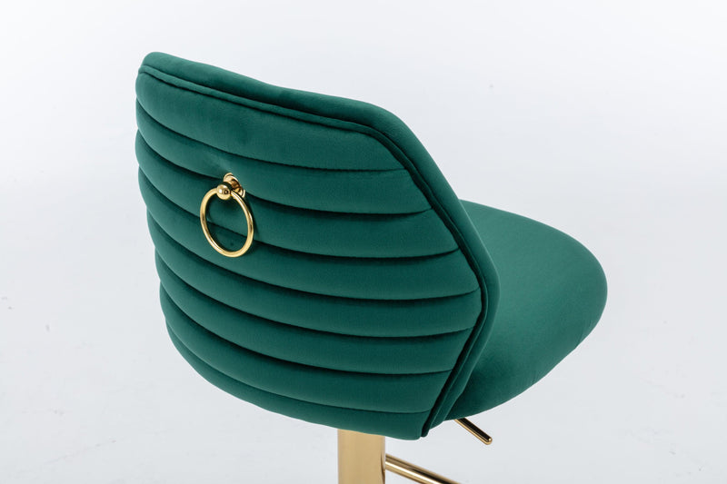 Swivel Bar Stools Seat Chair Set of 2 Modern Adjustable Counter Height Bar Stools, Velvet Upholstered Stool with Tufted High Back & Ring Pull for Kitchen , Chrome Golden Base, Green - Supfirm