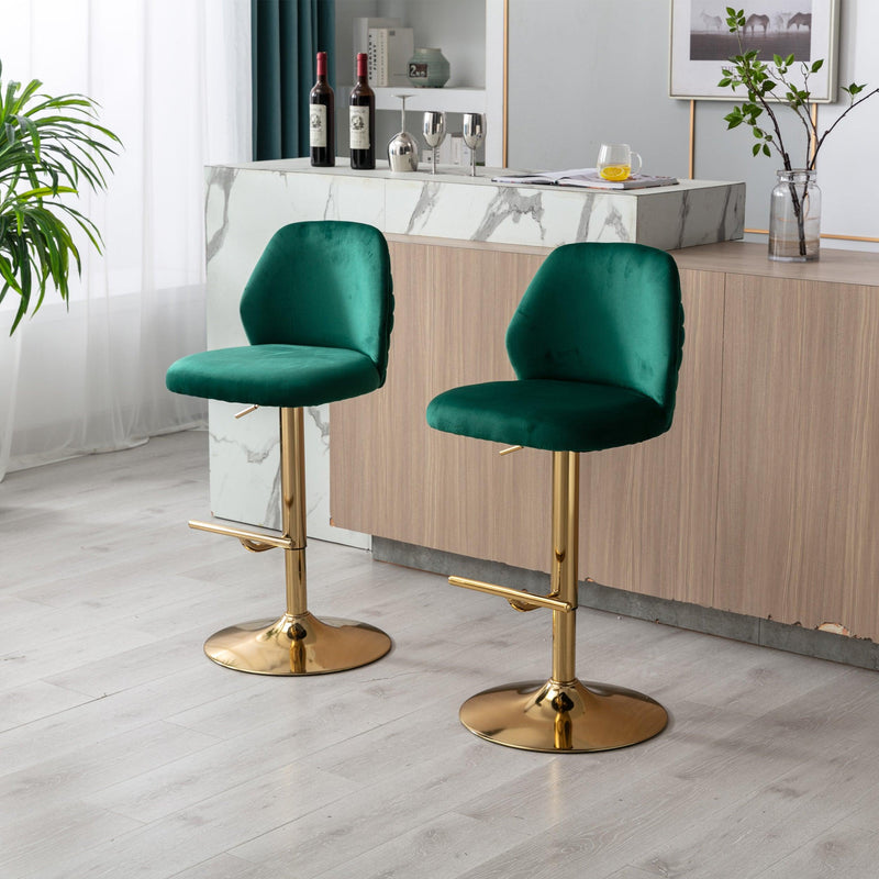 Swivel Bar Stools Seat Chair Set of 2 Modern Adjustable Counter Height Bar Stools, Velvet Upholstered Stool with Tufted High Back & Ring Pull for Kitchen , Chrome Golden Base, Green - Supfirm