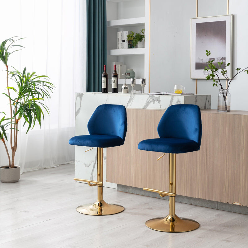 Swivel Bar Stools Seat Chair Set of 2 Modern Adjustable Counter Height Bar Stools, Velvet Upholstered Stool with Tufted High Back & Ring Pull for Kitchen , Chrome Golden Base,Blue - Supfirm