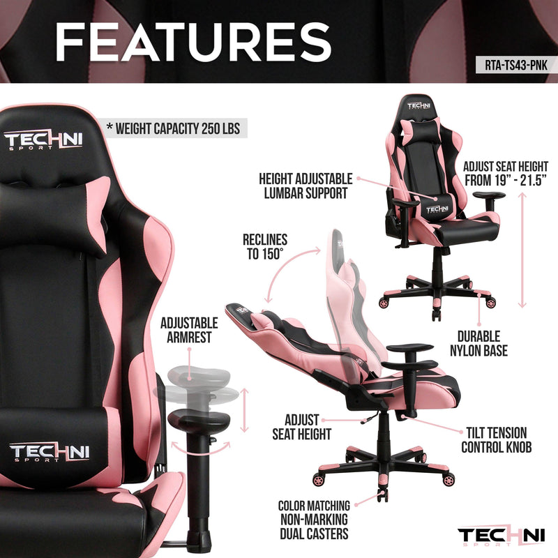 Techni Sport TS-4300 Ergonomic High Back Racer Style PC Gaming Chair, Pink - Supfirm