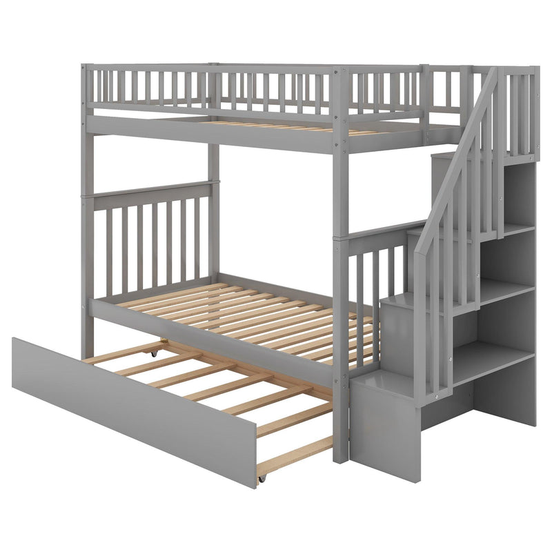 Twin over Twin Bunk Bed with Trundle and Storage, Gray - Supfirm