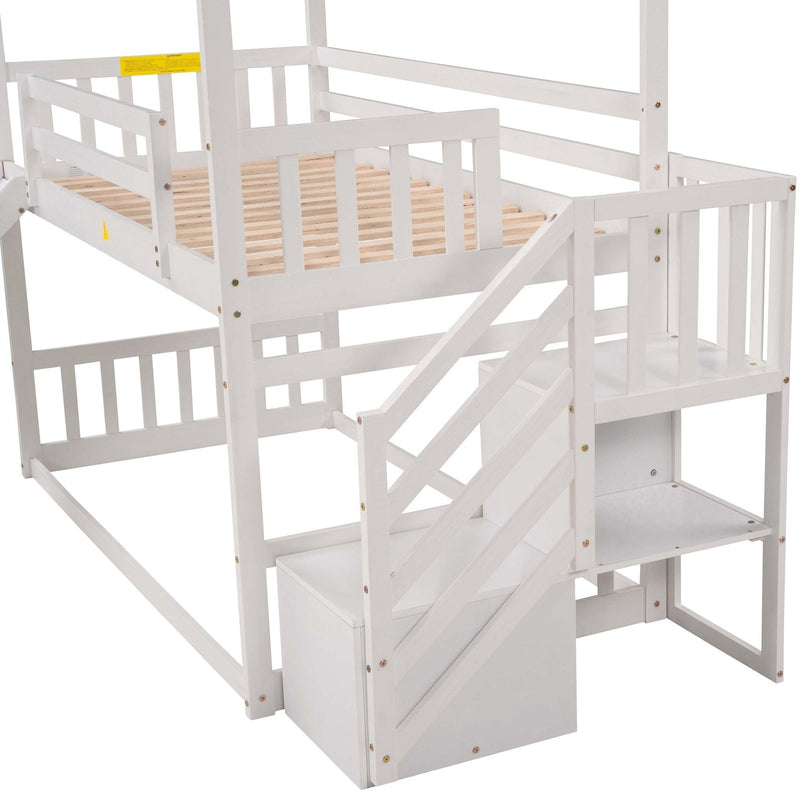 Twin over Twin House Bunk Bed with Convertible Slide,Storage Staircase,White - Supfirm