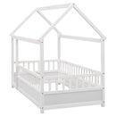 Twin Size Floor Wooden Bed with House Roof Frame, Fence Guardrails,White - Supfirm