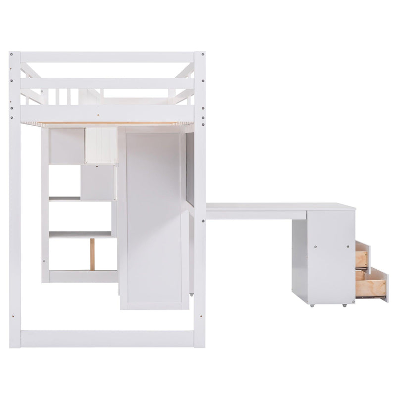 Twin Size Loft Bed with Pullable Desk and Storage Shelves,Staircase and Blackboard,White - Supfirm