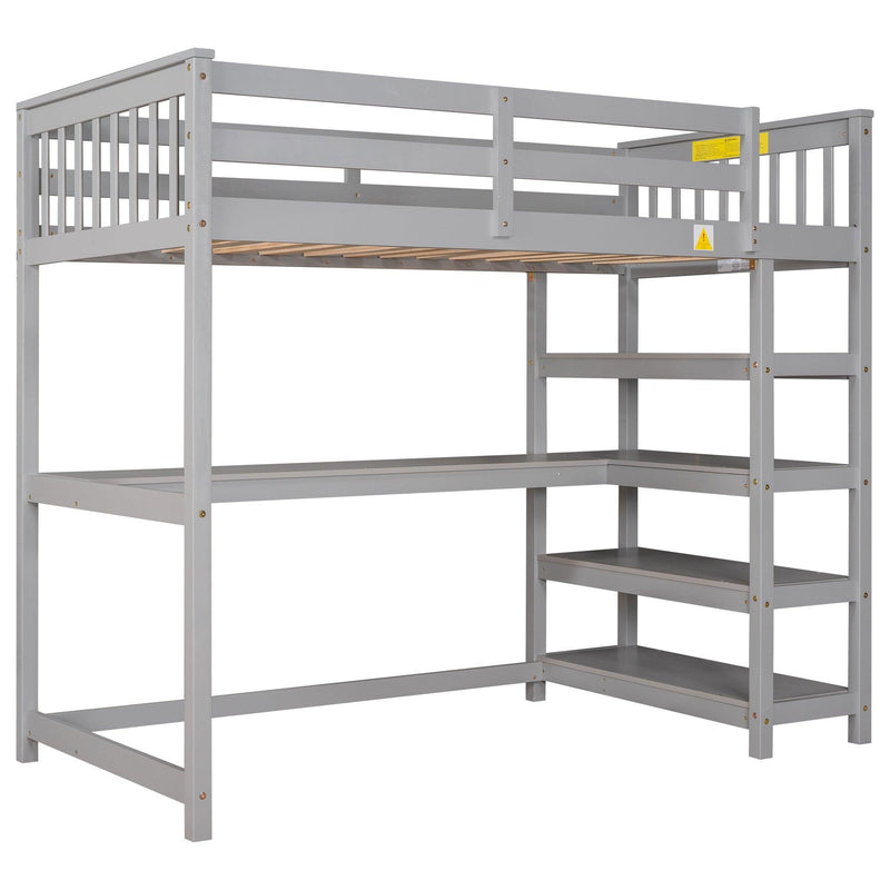 Twin Size Loft Bed with Storage Shelves and Under-bed Desk, Gray(OLD SKU:SM000245AAE-1) - Supfirm