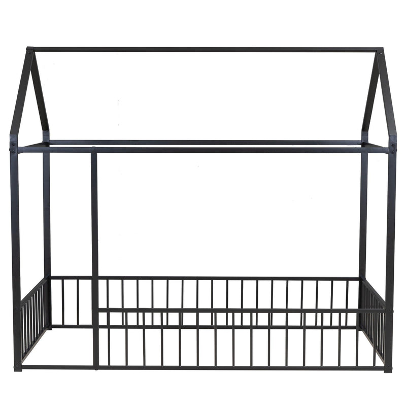 Twin Size Metal Bed House Bed Frame with Fence, for Kids, Teens, Girls, Boys, Black - Supfirm