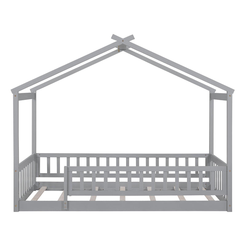 Twin Size Wood Bed House Bed Frame with Fence, for Kids, Teens, Girls, Boys, Gray - Supfirm