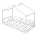 Twin Size Wood Bed House Bed Frame with Fence, for Kids, Teens, Girls, Boys,White - Supfirm