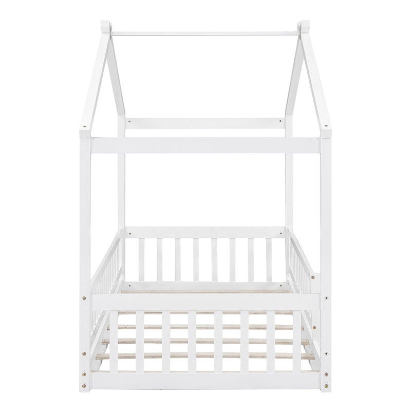 Twin Size Wood Bed House Bed Frame with Fence, for Kids, Teens, Girls, Boys,White - Supfirm