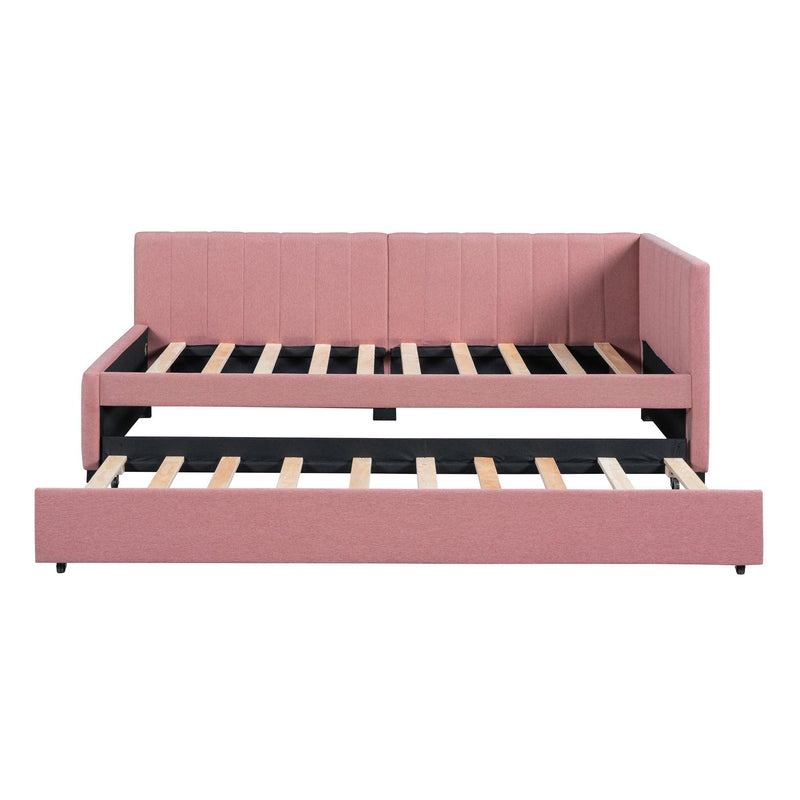 Upholstered Daybed with Trundle Twin Size Sofa Bed Frame No Box Spring Needed, Linen Fabric(Pink) - Supfirm