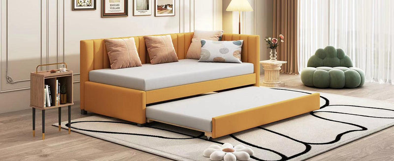 Upholstered Daybed with Trundle Twin Size Sofa Bed Frame No Box Spring Needed, Linen Fabric(Yellow) - Supfirm