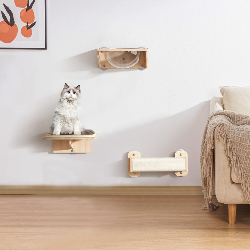 Wall Mounted Cat Tree, Cat Wall Furniture with Capsule Bed, Cushioned Shelf, Scratcher, Floating Wood Cat Tree for Indoor Cats Kitties, 3 PCS - Supfirm