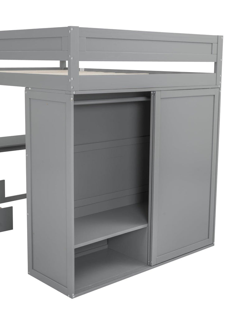 Wood Full Size Loft Bed with Wardrobes and 2-Drawer Desk with Cabinet, Gray - Supfirm