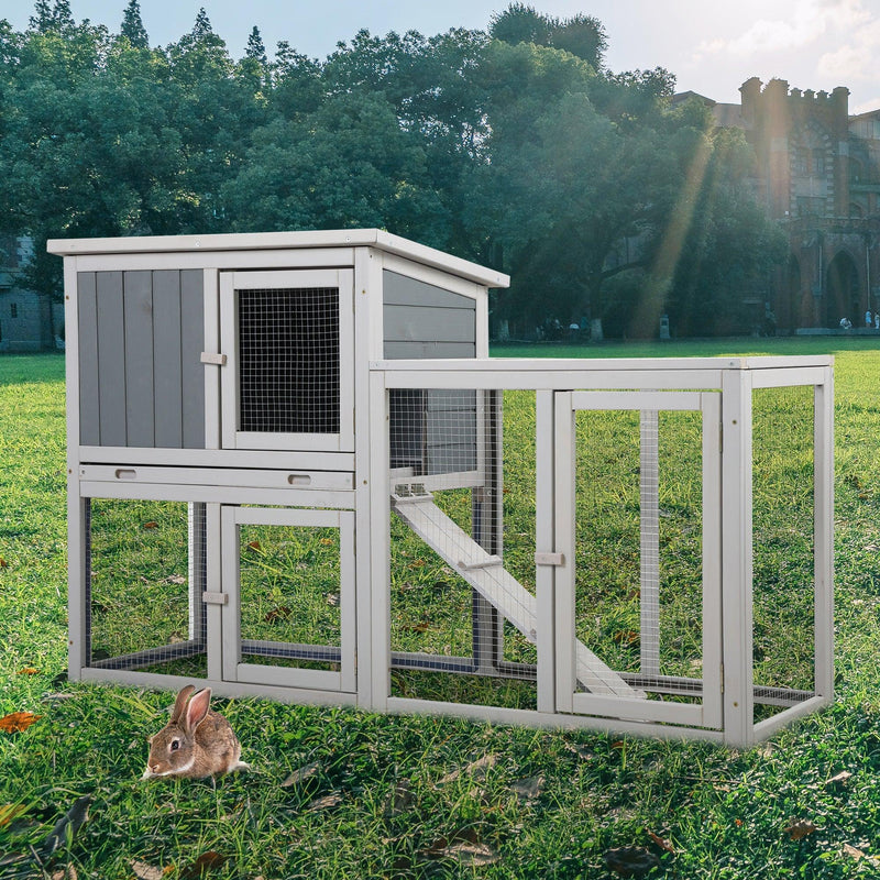Wooden Rabbit Hutch Chicken Coop with 1 Removable Tray and 3 Lockable Doors for Indoor and Outdoor Use, Gray+White - Supfirm