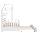 Wooden Twin Size House Bed with Trundle,Kids Bed with Shelf, White - Supfirm