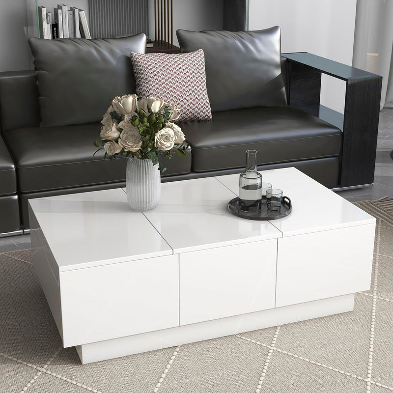 Supfirm Multifunctional Coffee Table with 2 large Hidden Storage Compartment, Extendable Cocktail Table with 2 Drawers, High-gloss Center Table with Sliding Top for Living Room, 39.3"x21.6", White - Supfirm