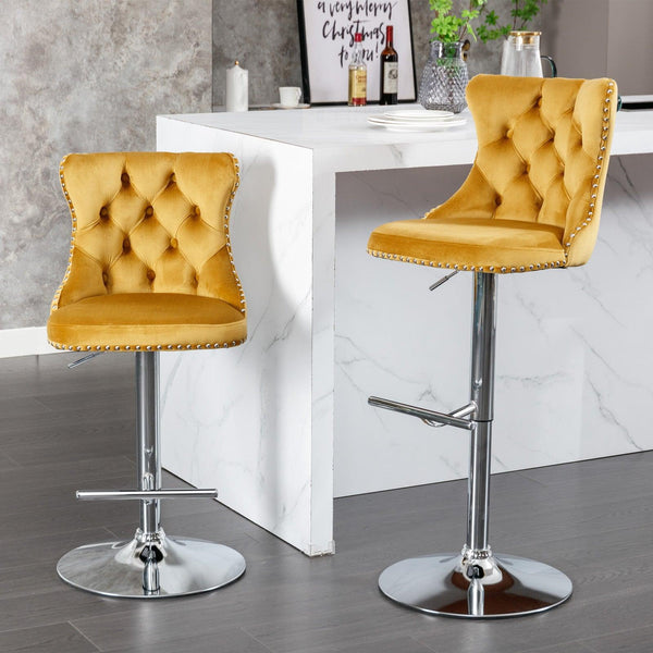 A&A Furniture,Swivel Velvet Barstools Adjusatble Seat Height from 25-33 Inch, Modern Upholstered Chrome base Bar Stools with Backs Comfortable Tufted for Home Pub and Kitchen Island（Gold,Set of 2） - Supfirm