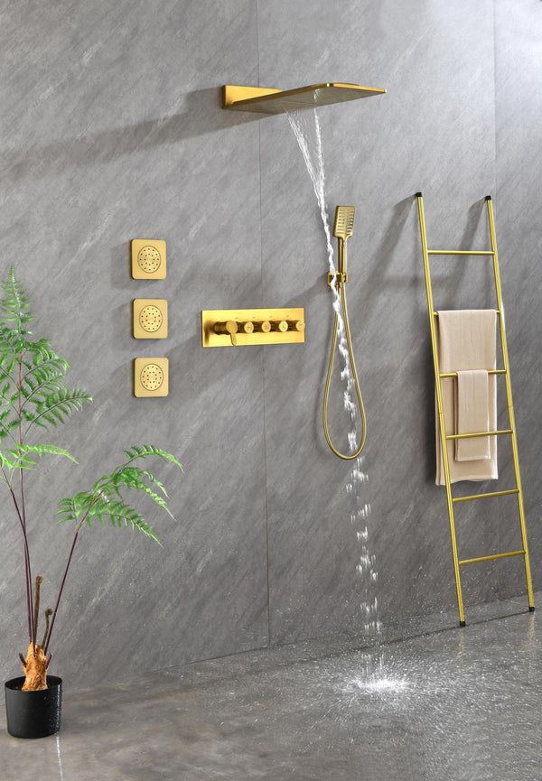 Supfirm Wall Mounted Waterfall Rain Shower System With 3 Body Sprays & Handheld Shower