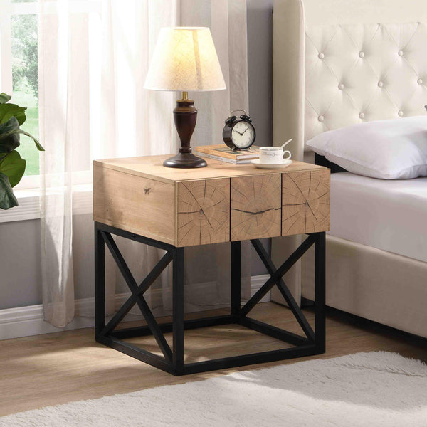 21.65'' Luxury Night Stand with Drawer, Metal and Wood End Table,Industrial Bedside Table for Living Room, Bedroom&Office - Supfirm