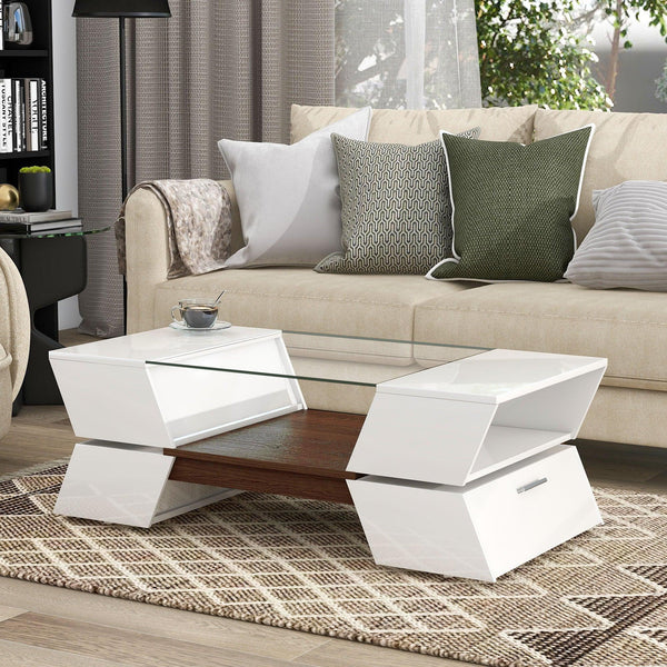 Supfirm 6mm Glass-Top Coffee Table with Open Shelves and Cabinets, Geometric Style Cocktail Table with Great Storage Capacity, Modernist 2-Tier Center Table for Living Room, White - Supfirm