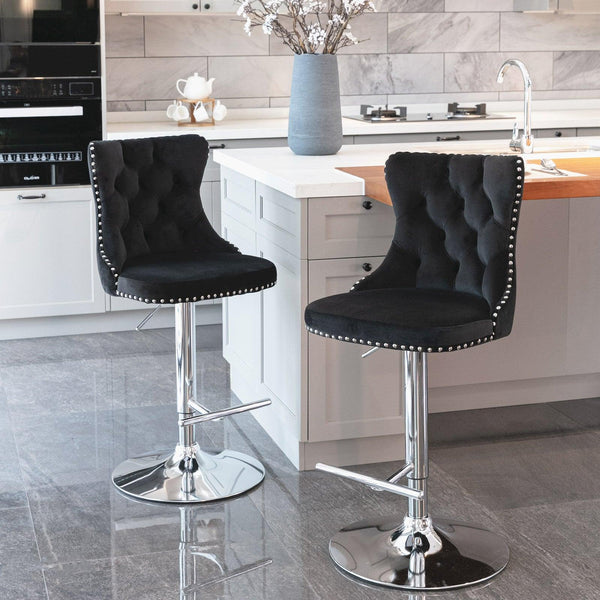 A&A Furniture,Swivel Velvet Barstools Adjusatble Seat Height from 25-33 Inch, Modern Upholstered Chrome base Bar Stools with Backs Comfortable Tufted for Home Pub and Kitchen Island（Black,Set of 2） - Supfirm