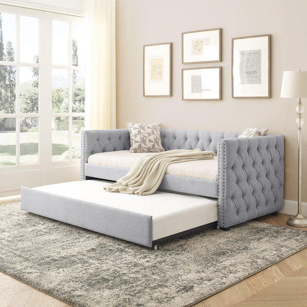 Supfirm Daybed with Trundle Upholstered Tufted Sofa Bed, with Button and Copper Nail on Square Arms，both Twin Size, Grey（85“x42.5”x31.5“） - Supfirm