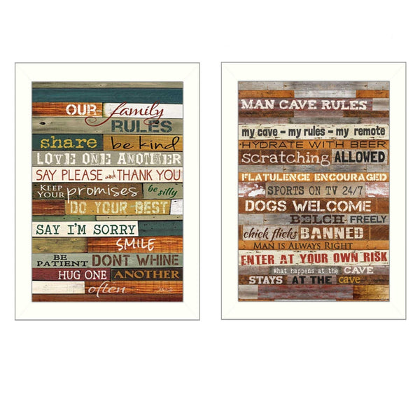 Supfirm "Family and Man Cave Rules Collection" 2-Piece Vignette By Marla Rae, Printed Wall Art, Ready To Hang Framed Poster, White Frame - Supfirm