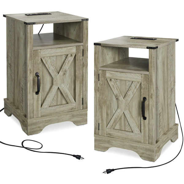 Farmhouse Nightstand Side Table, Wooden Rustic End Table, Tall Bedside Table with Electrical Outlets Charging Station (2 Sets) - Light Gray - Supfirm