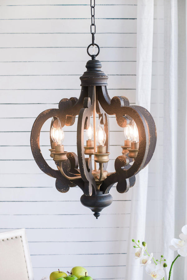 French Country Wood Chandelier, 6-Light Farmhouse Pendant Light Fixture with 28" Adjustable Chain for Kitchen Foyer Hallway, Bulb Not Included - Supfirm