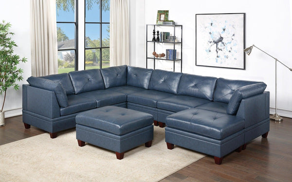 Genuine Leather Ink Blue Tufted 8pc Sectional Set 3x Corner Wedge 3x Armless Chair 2x Ottomans Living Room Furniture Sofa Couch - Supfirm