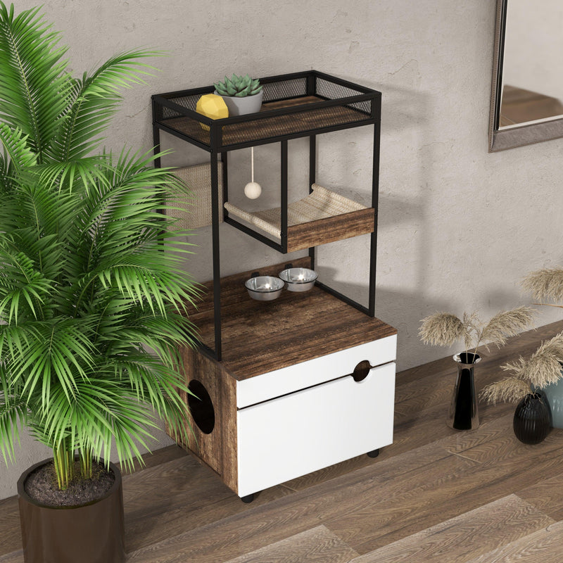 Supfirm Hidden Cat Litter Box Enclosures with Cat Tree Tower, Cat Furniture with Scratching Pads and Large Storage Space, Industrial Cat Cabinet with Shelves and Doors, Rustic Brown - Supfirm