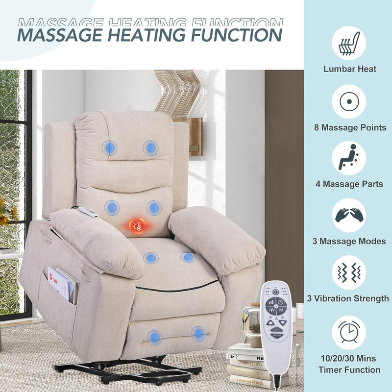Supfirm Massage Recliner,Power Lift Chair for Elderly with Adjustable Massage and Heating Function,Recliner Chair with Infinite Position and Side Pocket for Living Room ,Beige - Supfirm